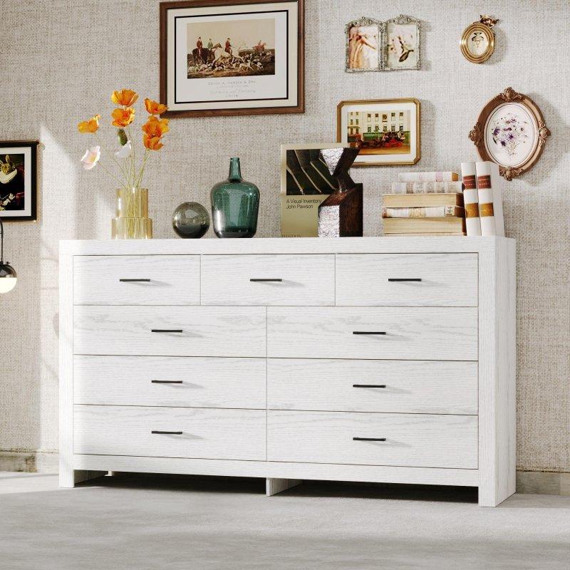 Beyaz ve Kahverengi MDF 9 Çekmeceli Ahşap Dokulu Şifonyer - 161 cm - 301683