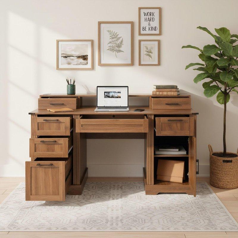 Beyaz ve Kahverengi MDF Ahır Kapılı ve Şarj Üniteli Ofis Masası - 152 cm - 327373