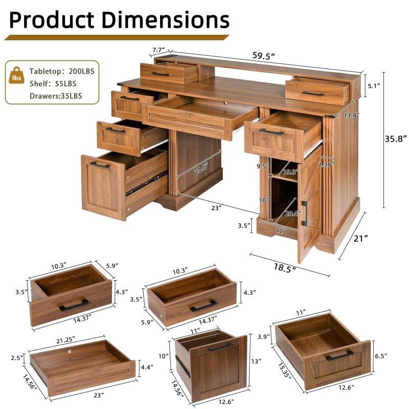 Beyaz ve Kahverengi MDF Ahır Kapılı ve Şarj Üniteli Ofis Masası - 152 cm - 327373