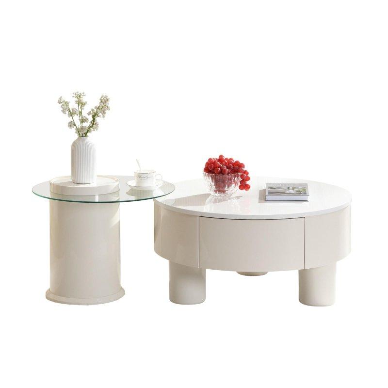 Beyaz ve Kahverengi MDF Cam Çekmeceli Zigon 2li Yuvarlak Orta Sehpa - 71 cm ve 51 cm - 241087