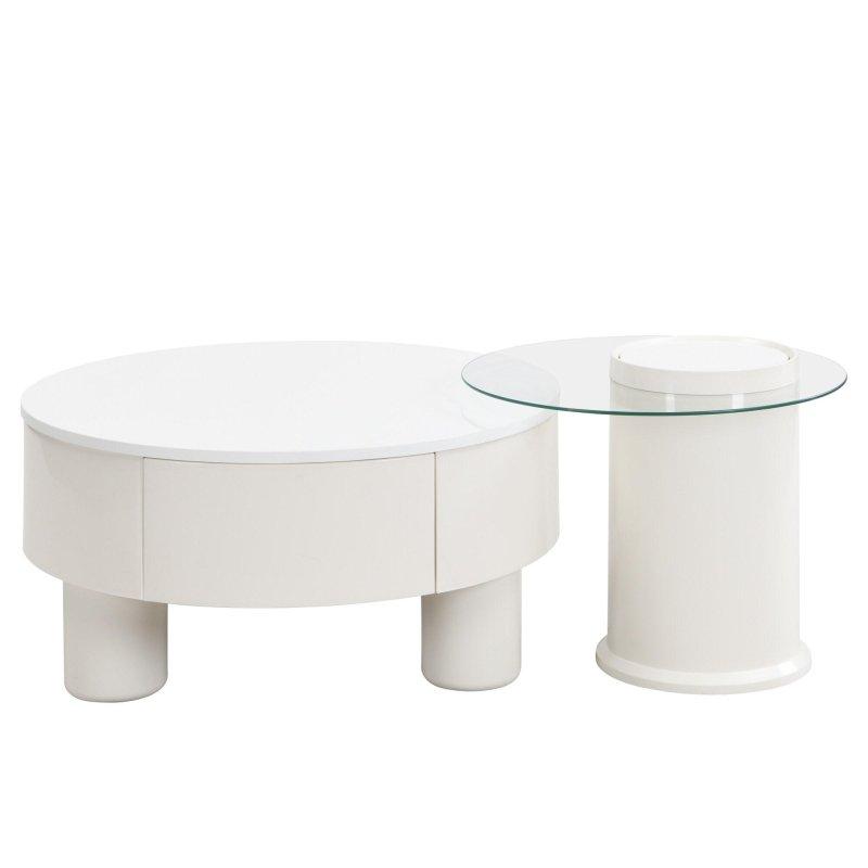 Beyaz ve Kahverengi MDF Cam Çekmeceli Zigon 2li Yuvarlak Orta Sehpa - 71 cm ve 51 cm - 241087
