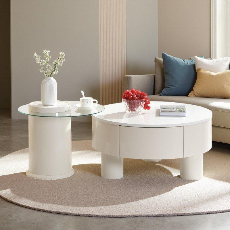 Beyaz ve Kahverengi MDF Cam Çekmeceli Zigon 2li Yuvarlak Orta Sehpa - 71 cm ve 51 cm - 241087