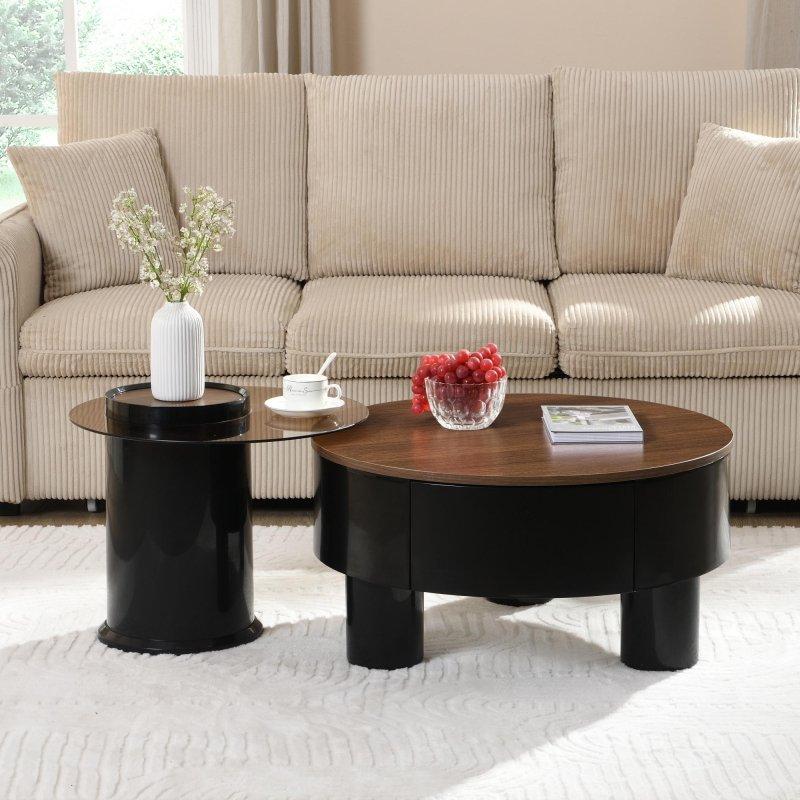 Beyaz ve Kahverengi MDF Çekmeceli İç İçe Geçen Yuvarlak Orta Sehpa Seti - 71x37 cm - 240681