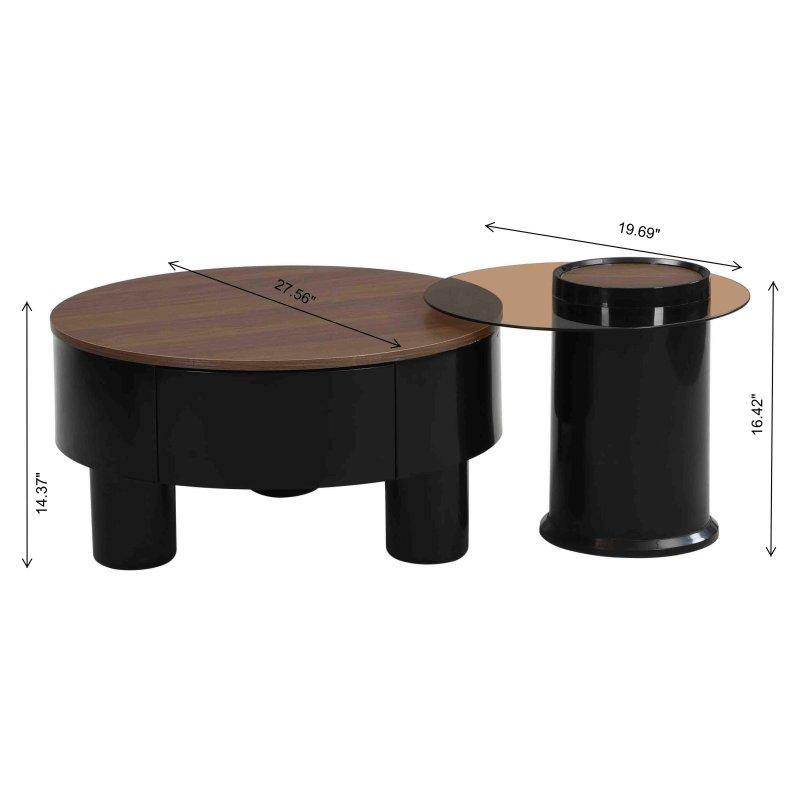Beyaz ve Kahverengi MDF Çekmeceli İç İçe Geçen Yuvarlak Orta Sehpa Seti - 71x37 cm - 240681