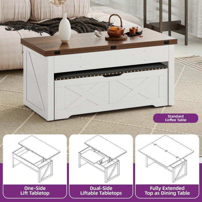 Beyaz ve Kahverengi MDF Depolamalı Çift Asansörlü Akıllı Sehpa ve Tekerlekli Puf Seti - 254570