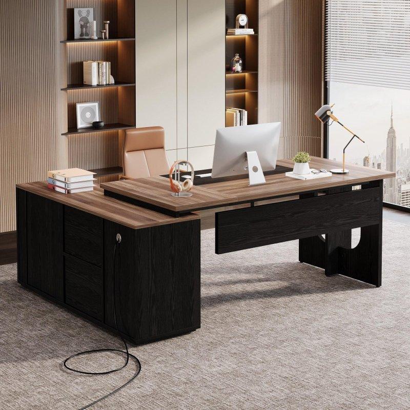 Beyaz ve Kahverengi MDF Dolaplı ve Raflı L Tipi Ofis Masası - 191 cm - 326589