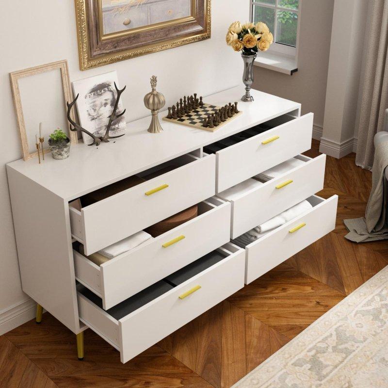 Beyaz ve Kahverengi MDF Gold Metal Kulplu 6 Çekmeceli Şifonyer - 301739