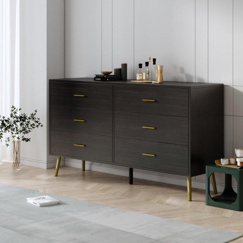Beyaz ve Kahverengi MDF Gold Metal Kulplu 6 Çekmeceli Şifonyer - 301739