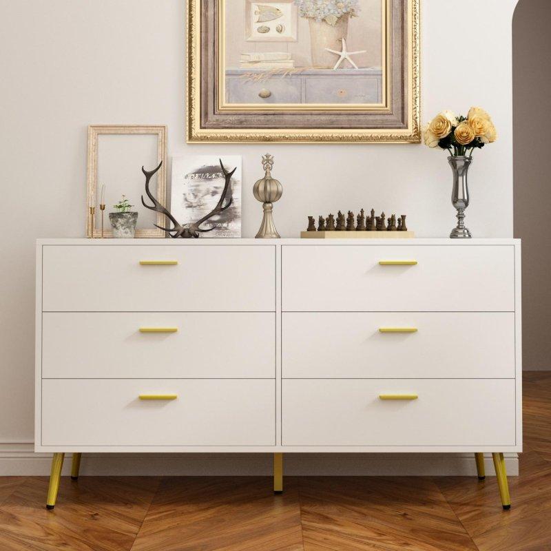 Beyaz ve Kahverengi MDF Gold Metal Kulplu 6 Çekmeceli Şifonyer - 301739