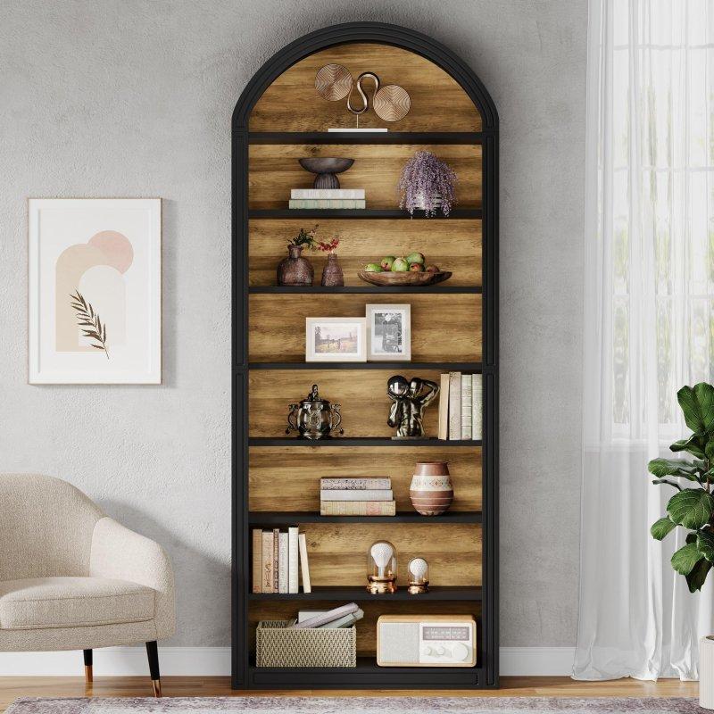Beyaz ve Kahverengi MDF Kemerli 8 Raflı Kitaplık - 81x30x203 cm - 313245