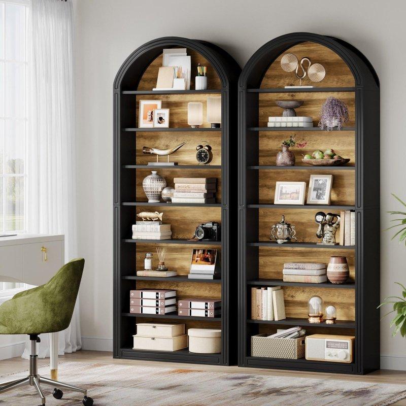 Beyaz ve Kahverengi MDF Kemerli 8 Raflı Kitaplık - 81x30x203 cm - 313245