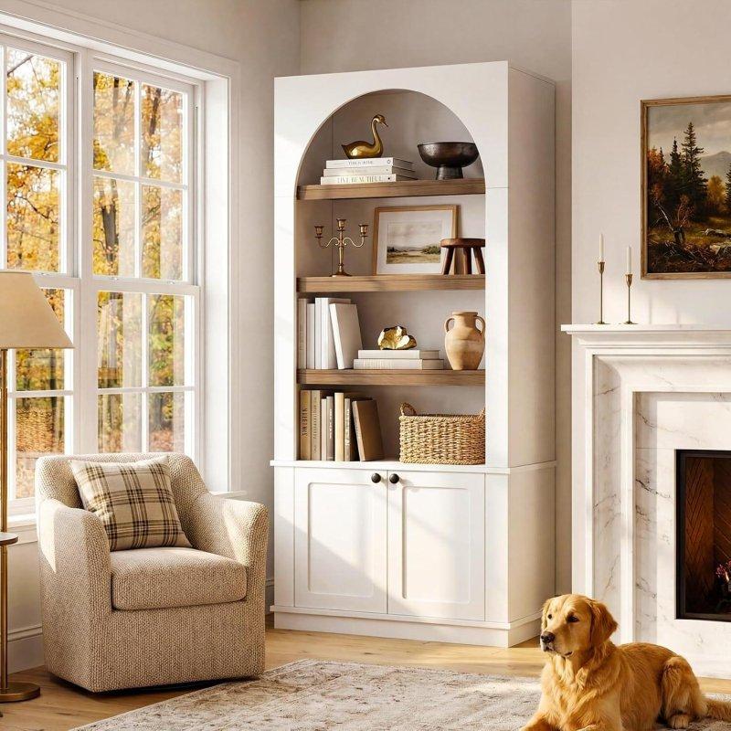 Beyaz ve Kahverengi MDF Kemerli Kapaklı 6 Raflı Kitaplık - 181 cm - 312824