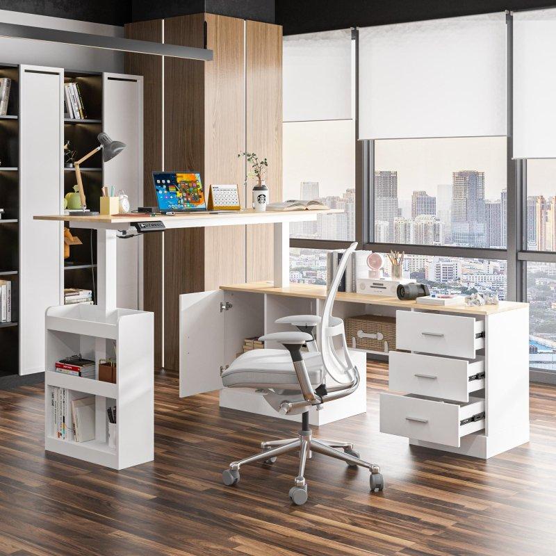 Beyaz ve Kahverengi MDF Metal Yüksekliği Ayarlanabilir Çekmeceli Ofis Masası - 161x54 cm - 327870
