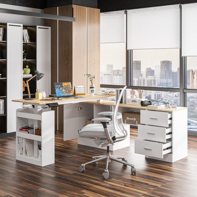 Beyaz ve Kahverengi MDF Metal Yüksekliği Ayarlanabilir Çekmeceli Ofis Masası - 161x54 cm - 327870