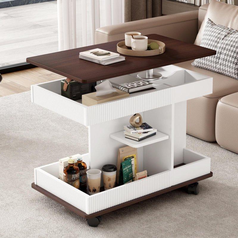 Beyaz ve Kahverengi MDF Tekerlekli Yüksekliği Ayarlanabilir ve Dönebilen Akıllı Sehpa - 75x45 cm - 253373