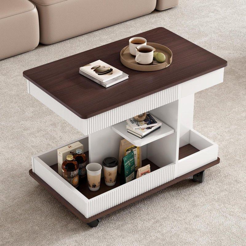 Beyaz ve Kahverengi MDF Tekerlekli Yüksekliği Ayarlanabilir ve Dönebilen Akıllı Sehpa - 75x45 cm - 253373