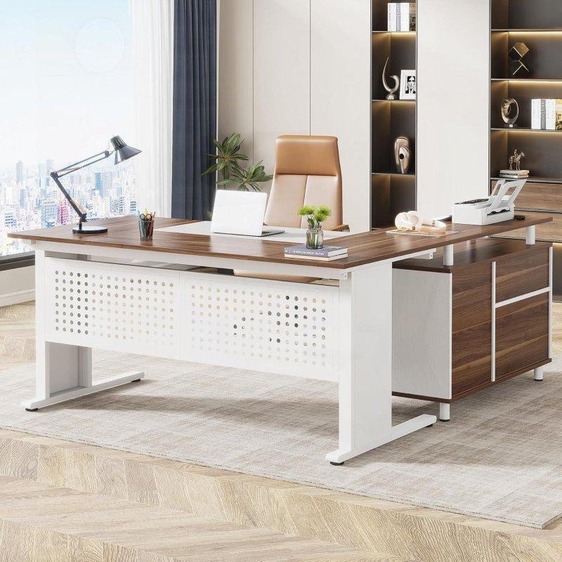 Beyaz ve Kahverengi Metal ve MDF L Tipi Dolaplı Çekmeceli Yönetici Ofis Masası - 161 cm - 327407
