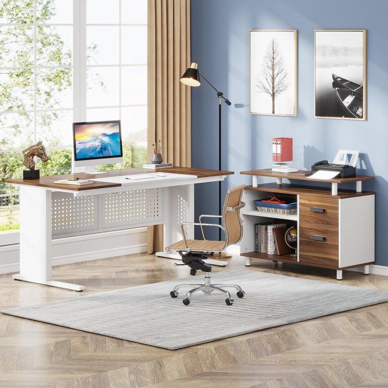 Beyaz ve Kahverengi Metal ve MDF L Tipi Dolaplı Çekmeceli Yönetici Ofis Masası - 161 cm - 327407