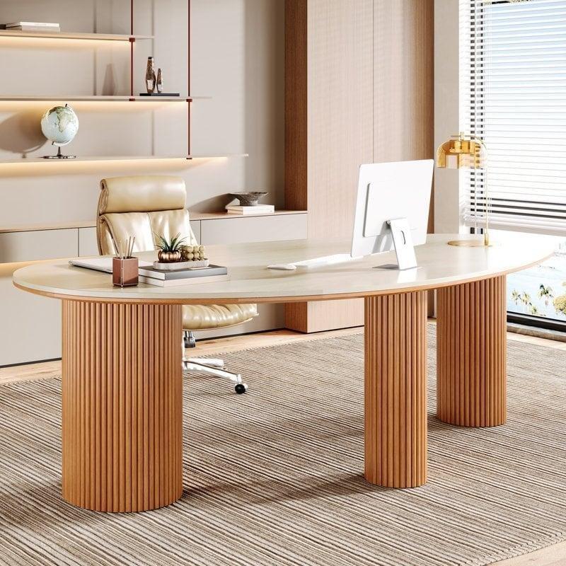 Beyaz ve Kahverengi Sinterli Taş ve Masif Ahşap Çift Katlı Oval Ofis Masası - 220x110x76 cm - 326320