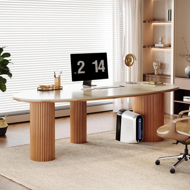 Beyaz ve Kahverengi Sinterli Taş ve Masif Ahşap Çift Katlı Oval Ofis Masası - 220x110x76 cm - 326320