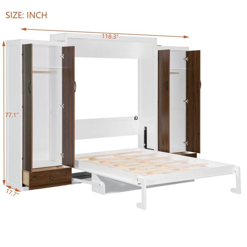 Beyaz ve Koyu Ahşap MDF Çift Gardıroplu LED Aydınlatmalı Yan Açılır Duvar Yatağı - 301 cm - 262603