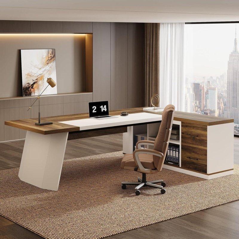 Beyaz ve Koyu Ahşap MDF Dolaplı ve Raflı L Tipi Ofis Masası - 200x140 cm - 327888