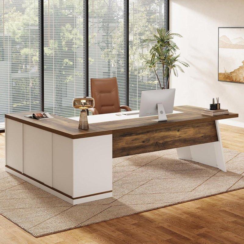 Beyaz ve Koyu Ahşap MDF L Tipi Kabinli ve Çekmeceli Ofis Masası - 200x140 cm - 326866