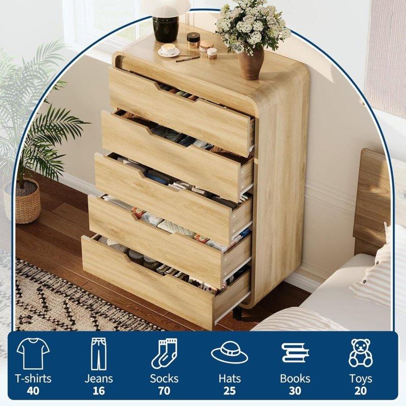 Beyaz ve Meşe MDF 5 Çekmeceli Kulpsuz Şifonyer - 125 cm - 305010