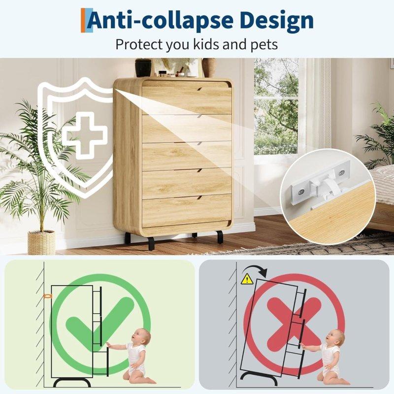 Beyaz ve Meşe MDF 5 Çekmeceli Kulpsuz Şifonyer - 125 cm - 305010