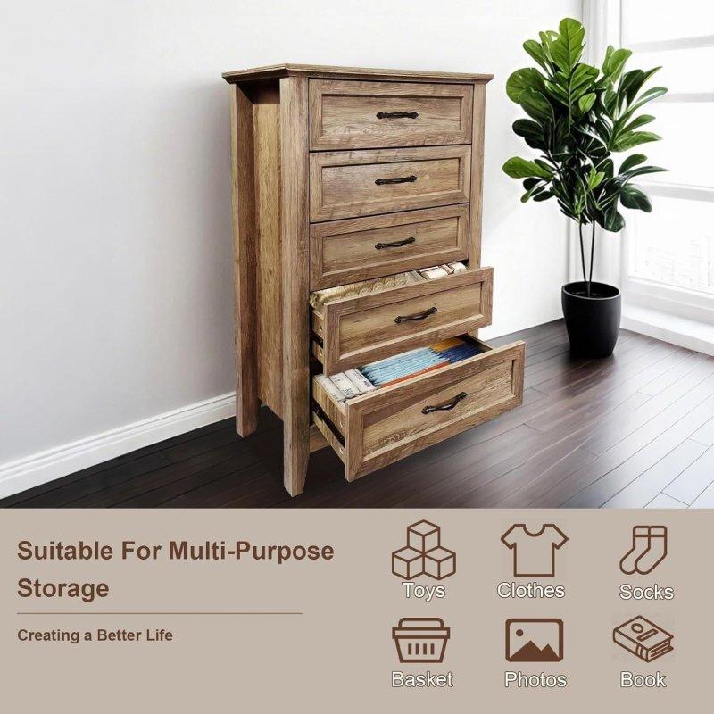 Beyaz ve Meşe Rengi MDF 5 Çekmeceli Metal Kulplu Şifonyer - 303182