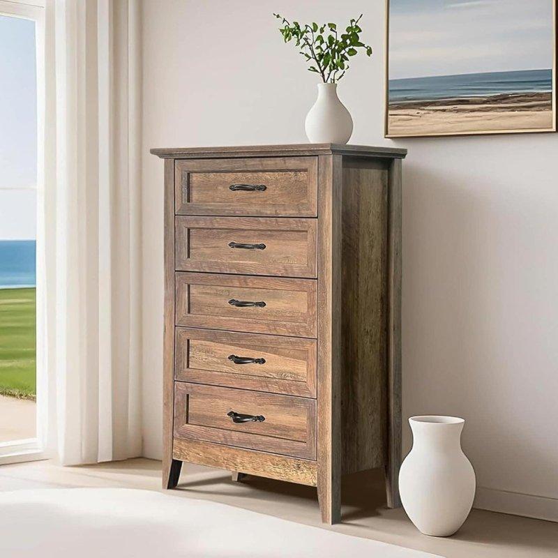 Beyaz ve Meşe Rengi MDF 5 Çekmeceli Metal Kulplu Şifonyer - 303182
