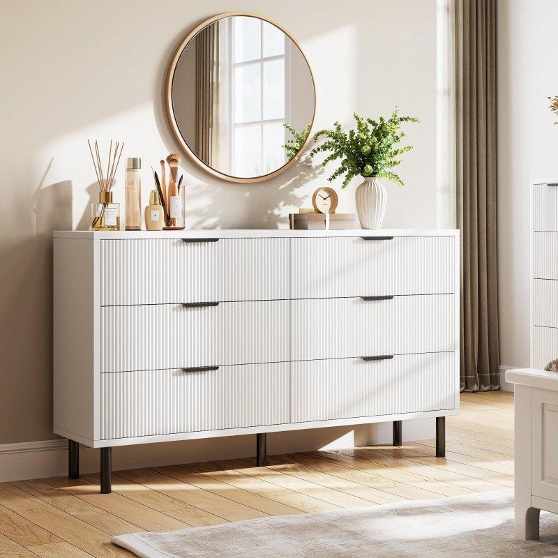 Beyaz ve Meşe Rengi MDF Dalga Desenli 6 Çekmeceli Şifonyer - 306881