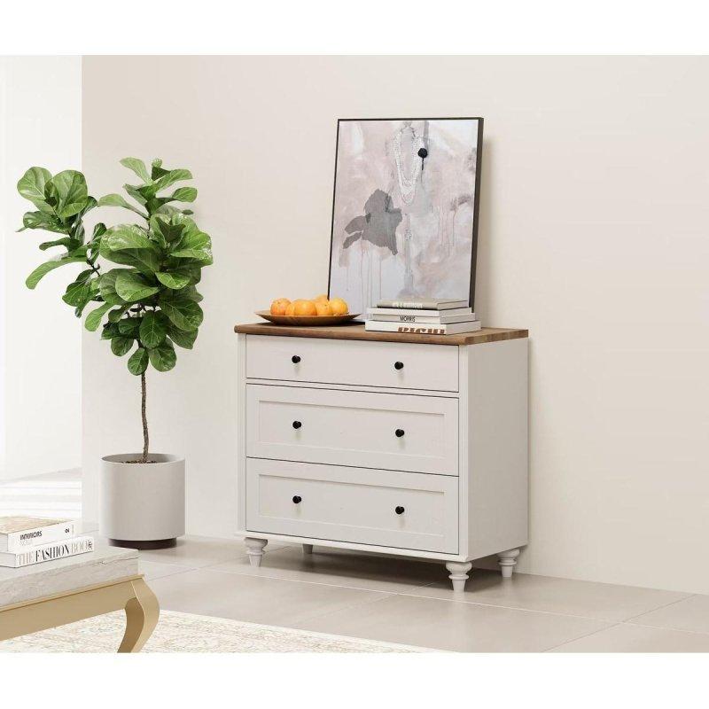 Beyaz ve Naturel Eskitme Tasarım Masif Ahşap Ayaklı 3 Çekmeceli Şifonyer - 87x40x79 cm - 311171
