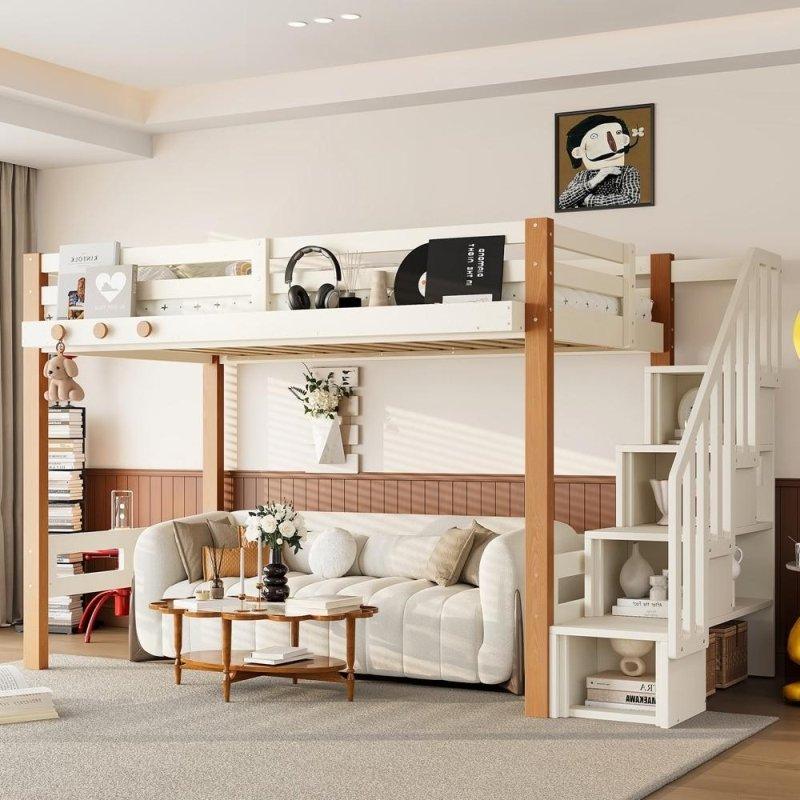 Beyaz ve Naturel Masif Ahşap Kitap Raflı Askılı Ranza - 249830