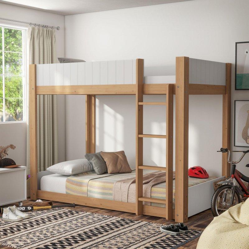 Beyaz ve Naturel Masif Çam Ağacı Yan Merdivenli Ranza - 250993