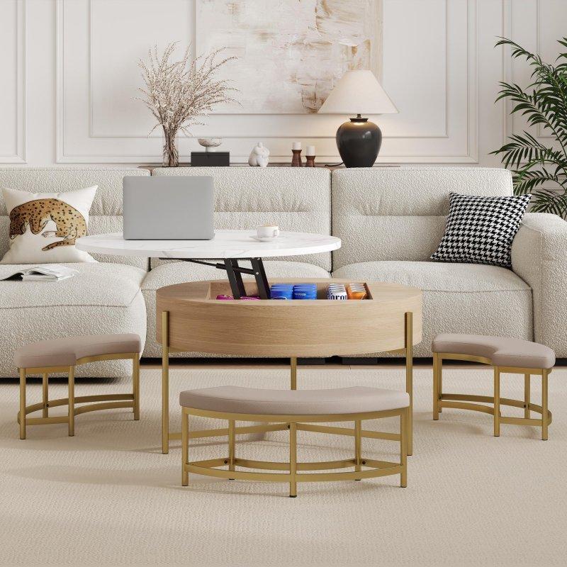 Beyaz ve Naturel MDF Akıllı Saklama Alanlı 3 Puflu Yuvarlak Orta Sehpa - 81x54 cm - 240760