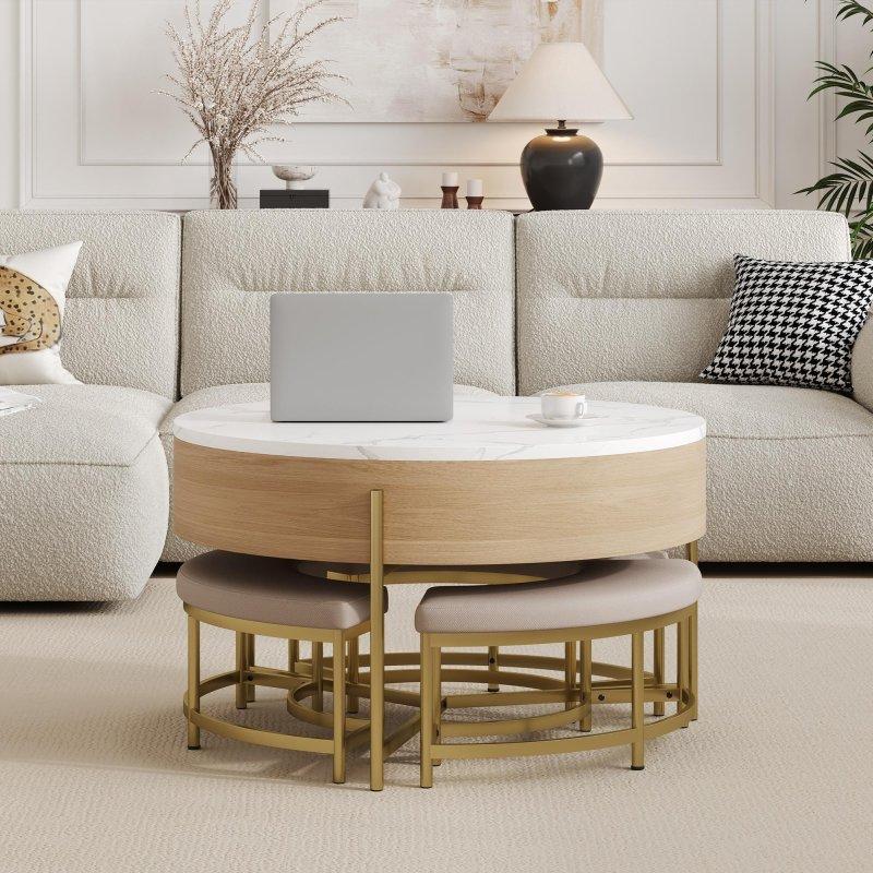 Beyaz ve Naturel MDF Akıllı Saklama Alanlı 3 Puflu Yuvarlak Orta Sehpa - 81x54 cm - 240760
