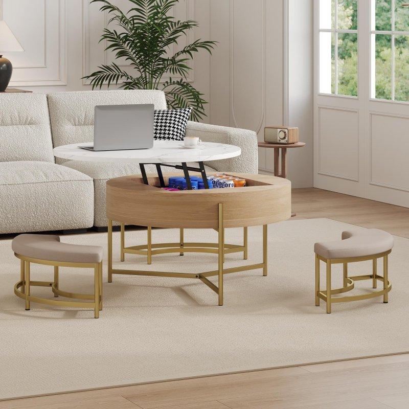 Beyaz ve Naturel MDF Akıllı Saklama Alanlı 3 Puflu Yuvarlak Orta Sehpa - 81x54 cm - 240760