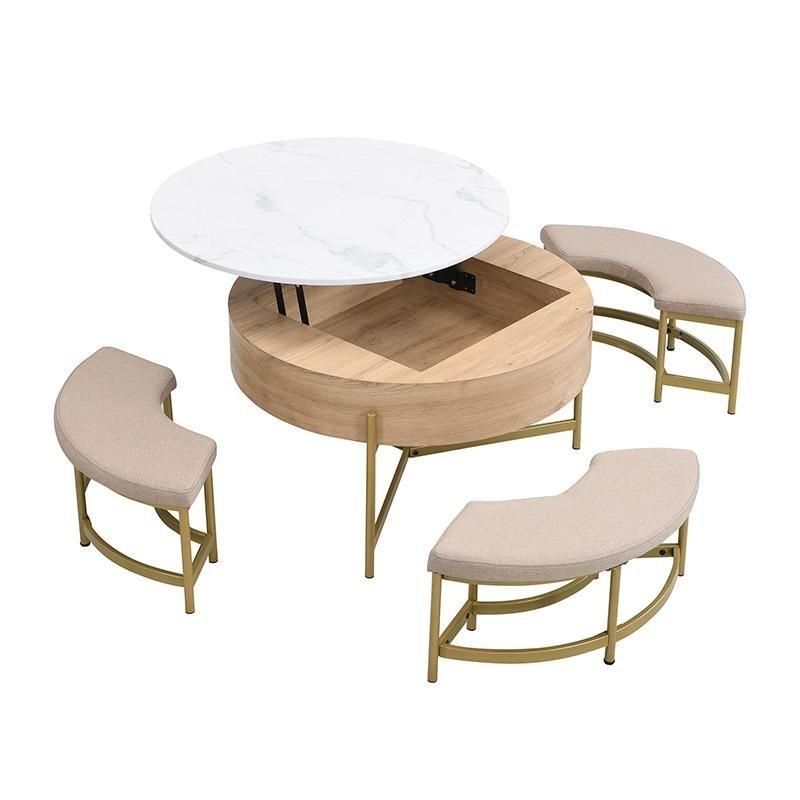 Beyaz ve Naturel MDF Asansör Mekanizmalı ve Saklama Alanlı 3 Puflu Yuvarlak Orta Sehpa - 81x54 cm - 240401