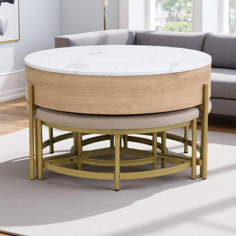 Beyaz ve Naturel MDF Asansör Mekanizmalı ve Saklama Alanlı 3 Puflu Yuvarlak Orta Sehpa - 81x54 cm - 240401