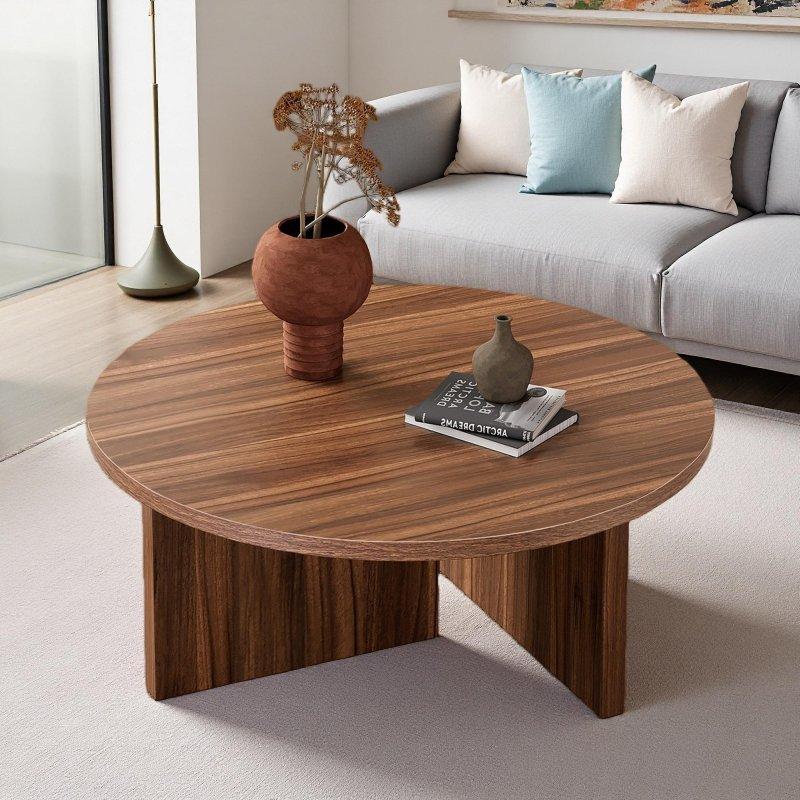 Beyaz ve Naturel MDF Modern İskandinav Tasarım Yuvarlak Orta Sehpa - 81 cm - 240055