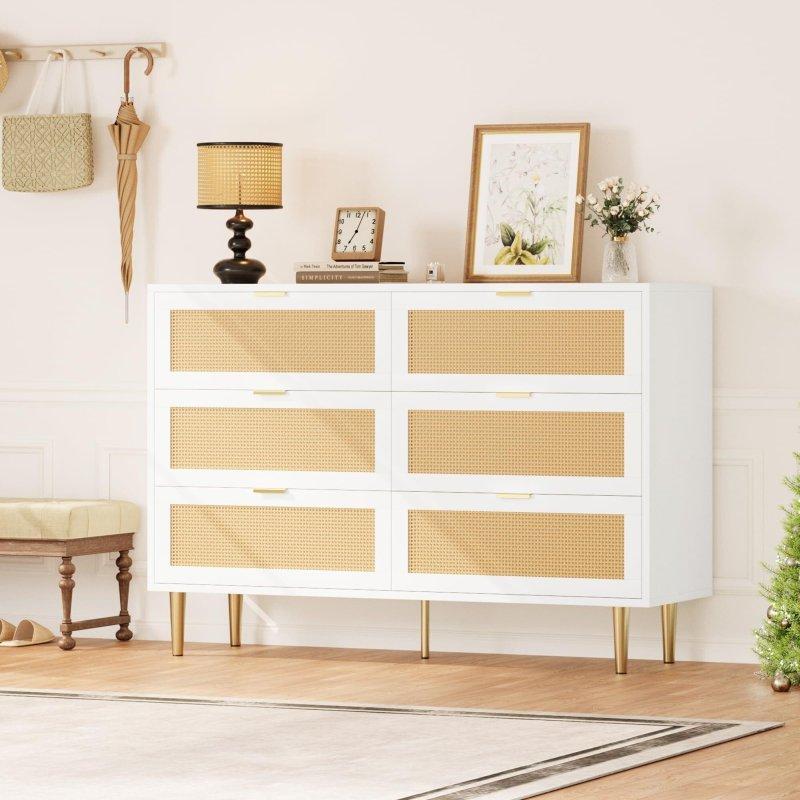Beyaz ve Naturel Rattan 6 Çekmeceli Metal Ayaklı Şifonyer - 309075