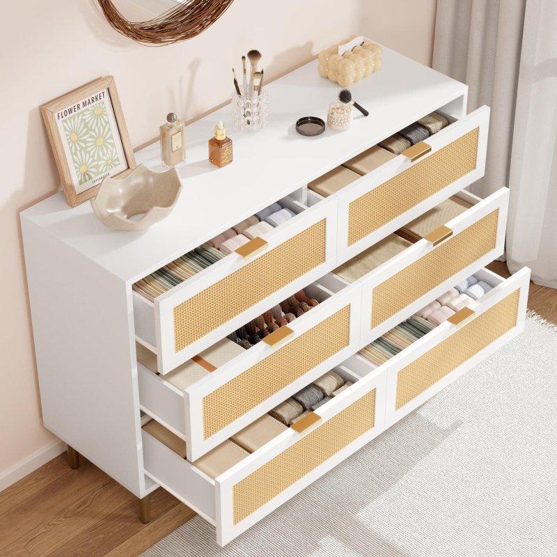 Beyaz ve Naturel Rattan 6 Çekmeceli Metal Ayaklı Şifonyer - 309075
