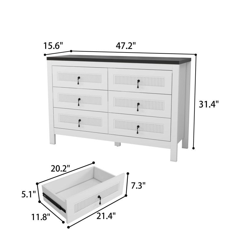 Beyaz ve Siyah Ahşap 6 Çekmeceli Metal Kulplu Yivli Şifonyer - 120 cm - 297449