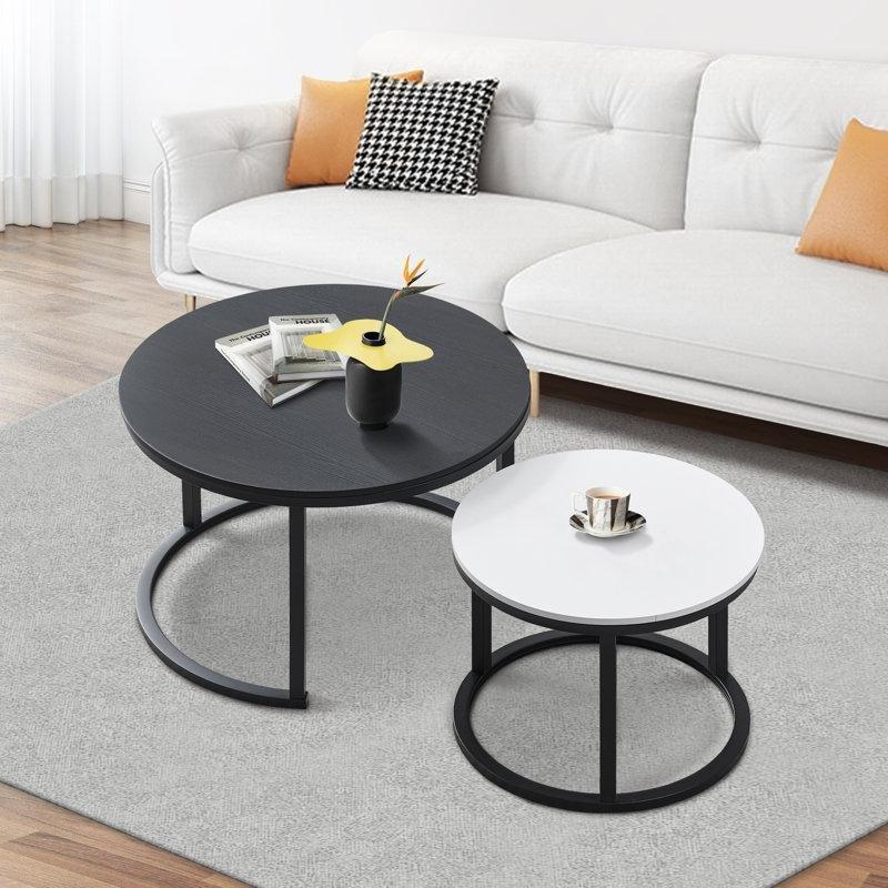 Beyaz ve Siyah Ahşap Tablalı Metal Ayaklı 2li Zigon Yuvarlak Orta Sehpa - 244594