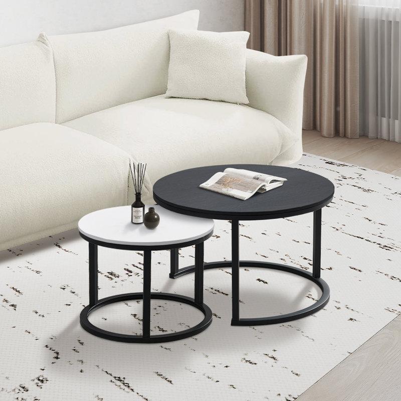 Beyaz ve Siyah Ahşap Tablalı Metal Ayaklı 2li Zigon Yuvarlak Orta Sehpa - 244594