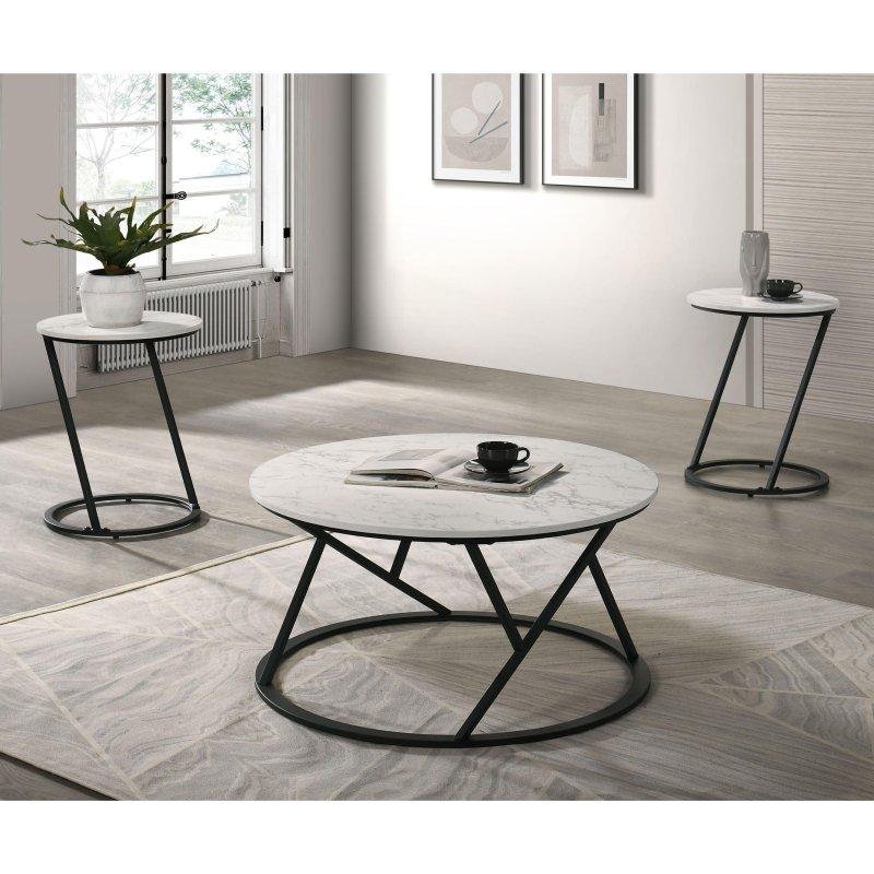 Beyaz ve Siyah Metal Mermer Desenli 3lü Set Yuvarlak Orta Sehpa - 87 cm - 241736