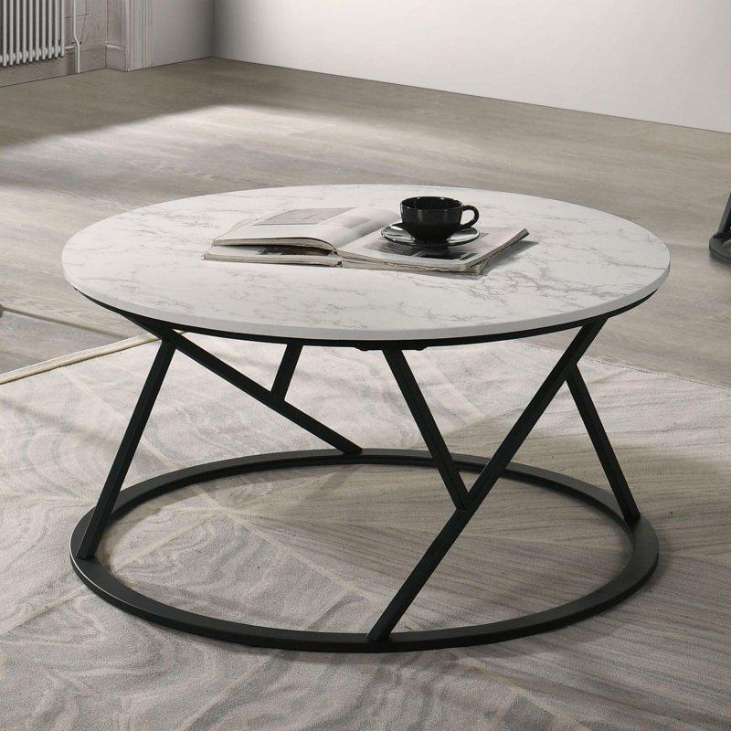Beyaz ve Siyah Metal Mermer Desenli 3lü Set Yuvarlak Orta Sehpa - 87 cm - 241736