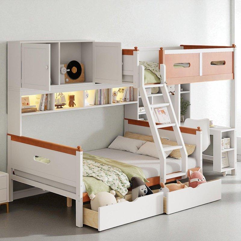 Beyaz ve Turuncu Ahşap Çalışma Masalı ve Depolama Üniteli LED Işıklı Ranza - 250958