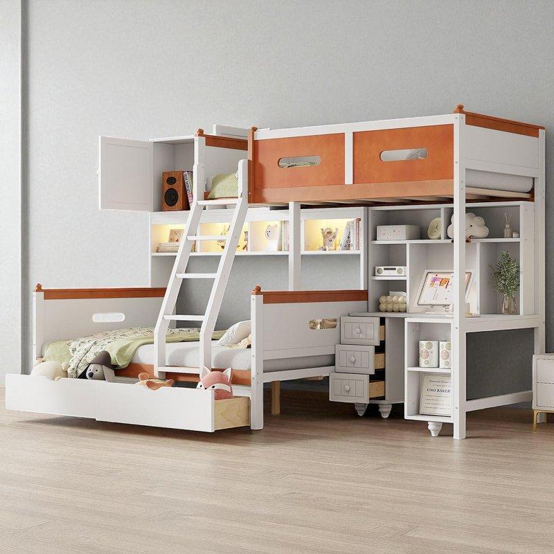 Beyaz ve Turuncu Ahşap Çalışma Masalı ve Depolama Üniteli LED Işıklı Ranza - 250958